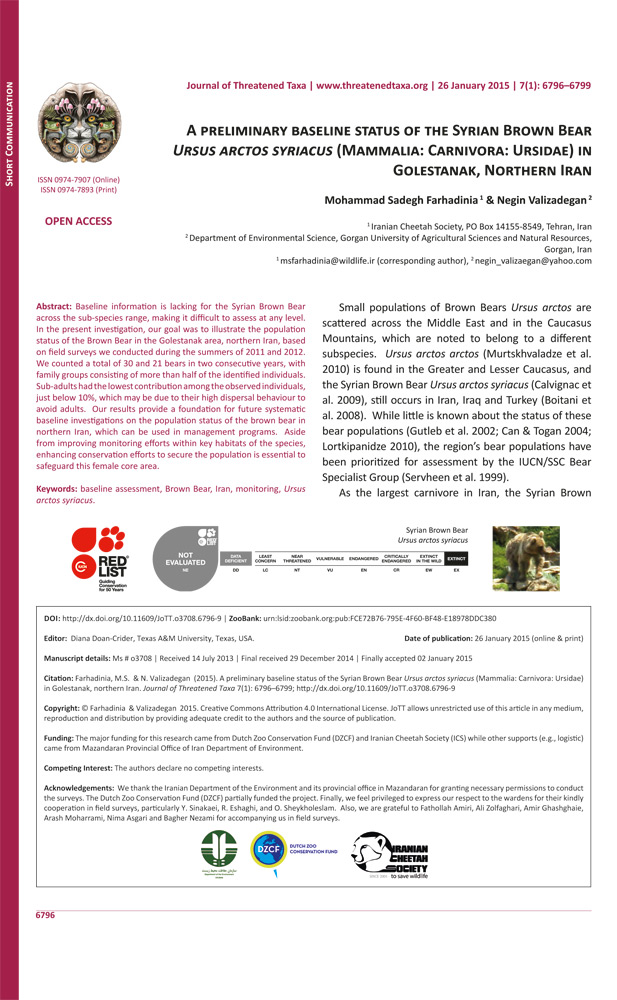 1.	A preliminary baseline status of the Syrian Brown Bear Ursus arctos syriacus (Mammalia: Carnivora: Ursidae) in Golestanak