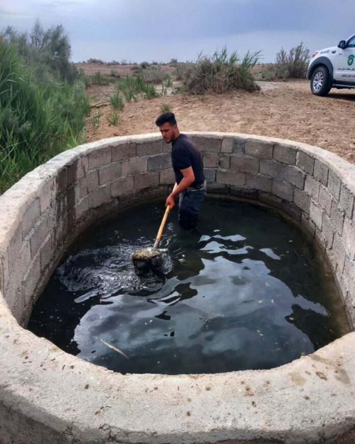 محیط‌بان در زیستگاه یوزپلنگ ایرانی در حال تمیز کردن آبشخور